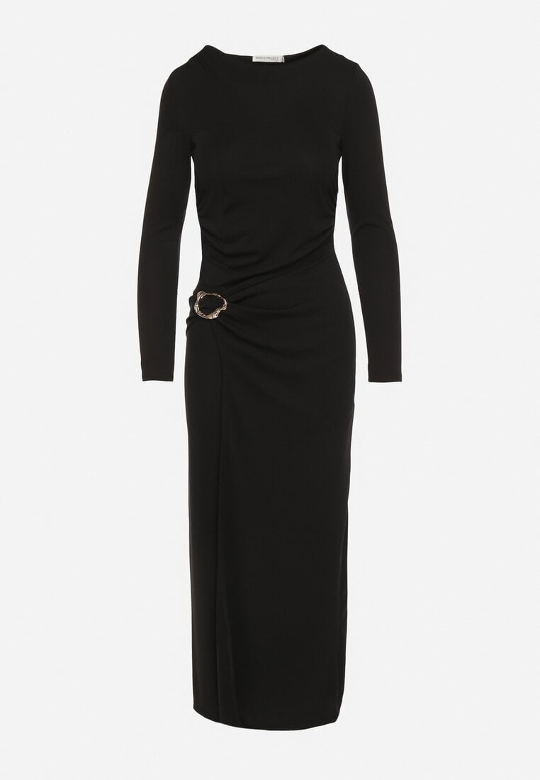 Czarna Sukienka Koktajlowa z Aplikacją z Marszczeniem na Biodrach Rariana