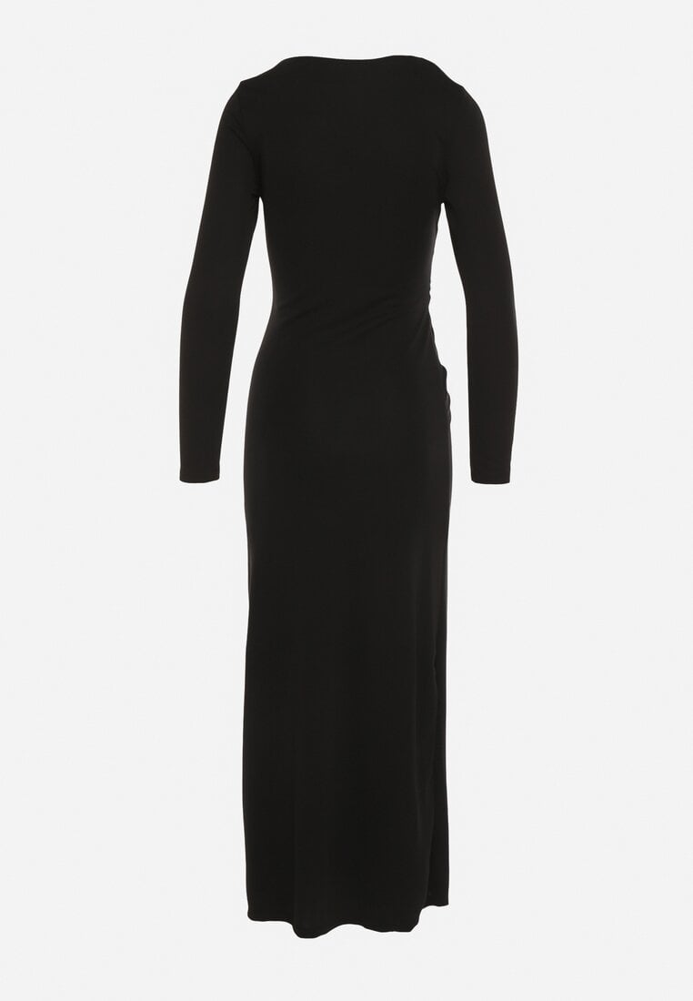 Czarna Sukienka Koktajlowa z Aplikacją z Marszczeniem na Biodrach Rariana