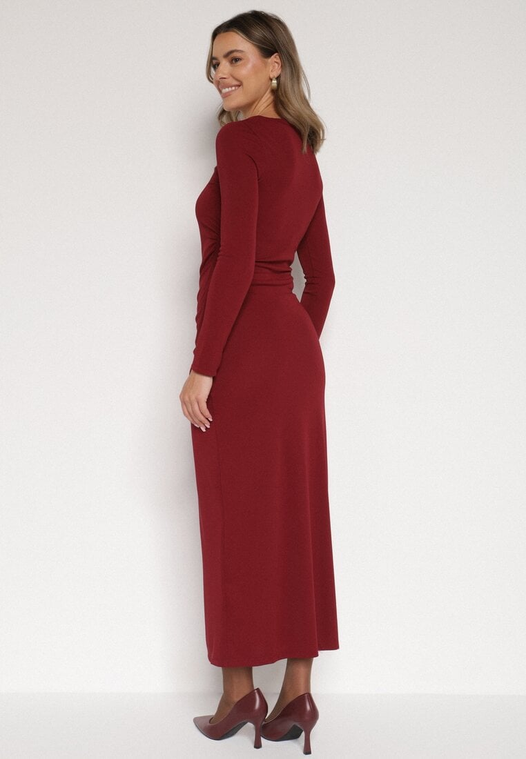 Bordowa Sukienka Koktajlowa z Aplikacją z Marszczeniem na Biodrach Rariana