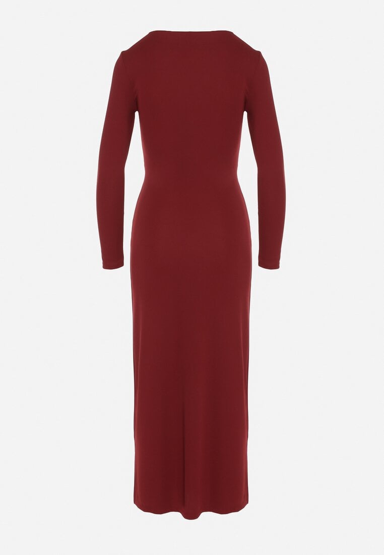 Bordowa Sukienka Koktajlowa z Aplikacją z Marszczeniem na Biodrach Rariana