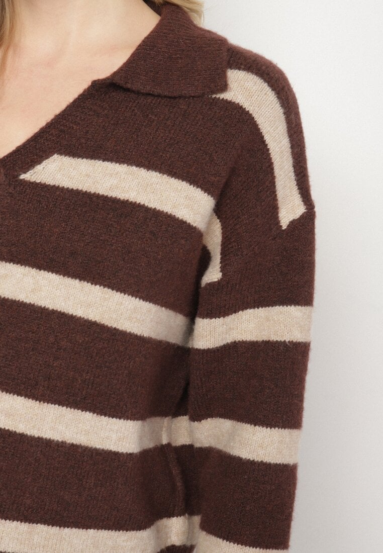 Brązowy Sweter w Paski z Wełną i Dekoltem z Kołnierzykiem Tevana