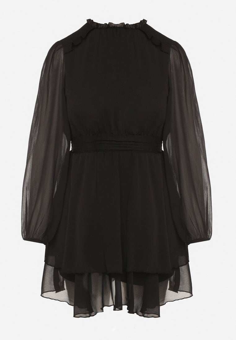 Czarna Rozkloszowana Sukienka Siateczkowa z Bufiastymi Rękawami Isovana