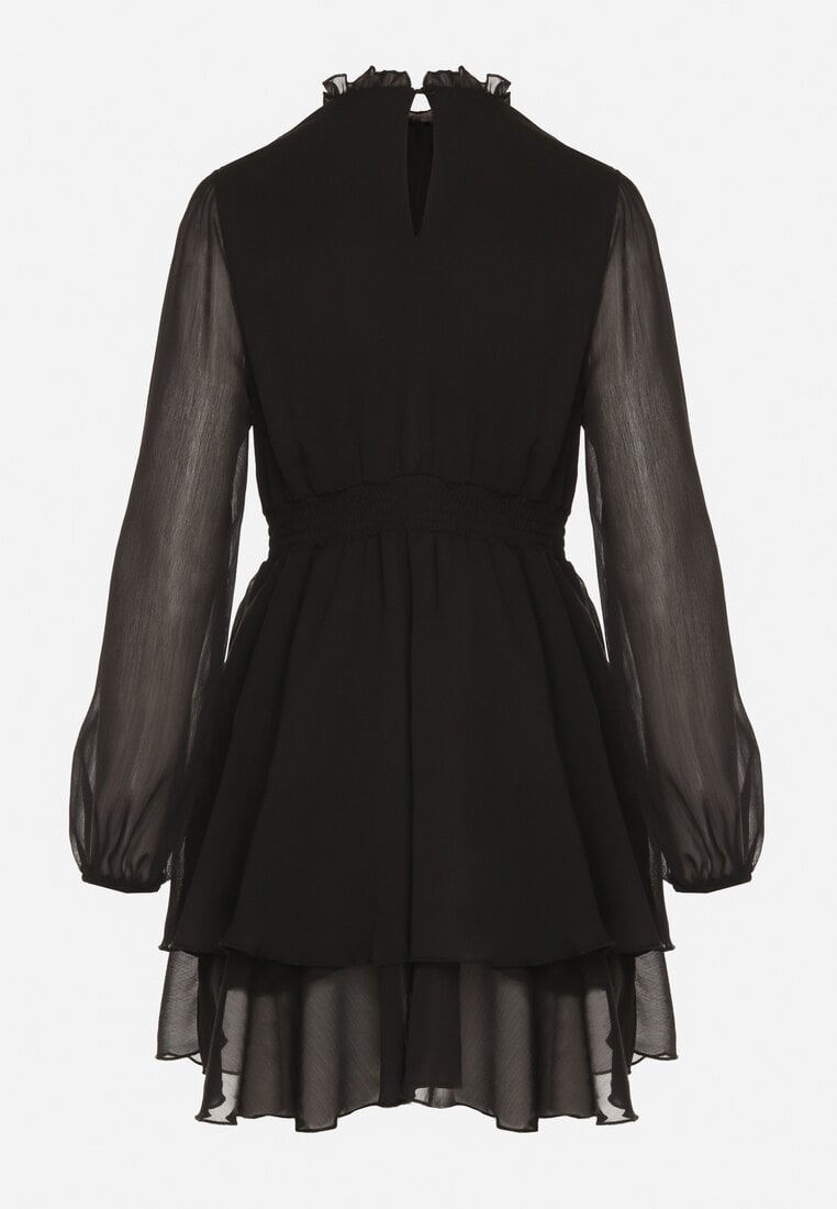 Czarna Rozkloszowana Sukienka Siateczkowa z Bufiastymi Rękawami Isovana