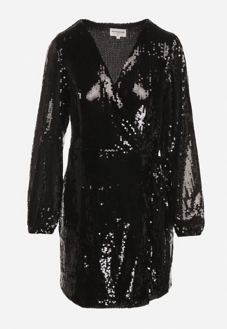 Czarna Cekinowa Sukienka o Kopertowym Kroju z Wiązaniem w Talii Eprelle