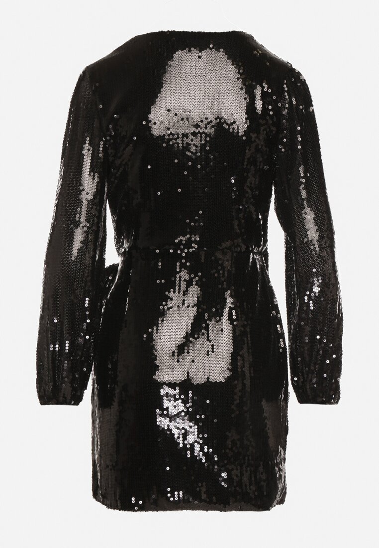 Czarna Cekinowa Sukienka o Kopertowym Kroju z Wiązaniem w Talii Eprelle