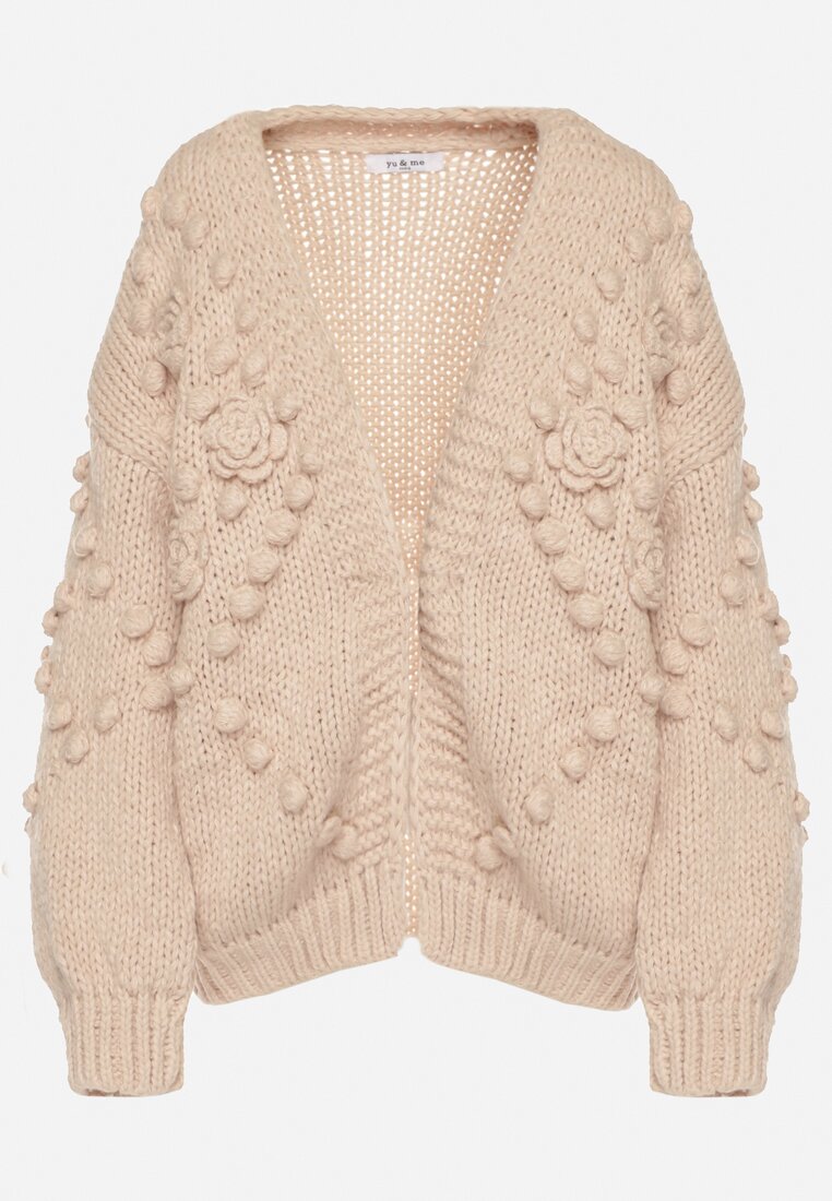 Ciemnobeżowy Kardigan Ozdobiony Pomponami Besida