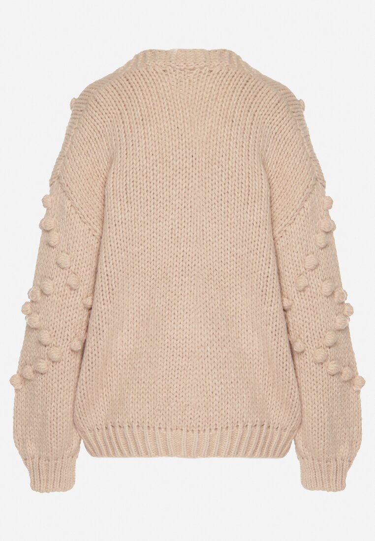 Ciemnobeżowy Kardigan Ozdobiony Pomponami Besida