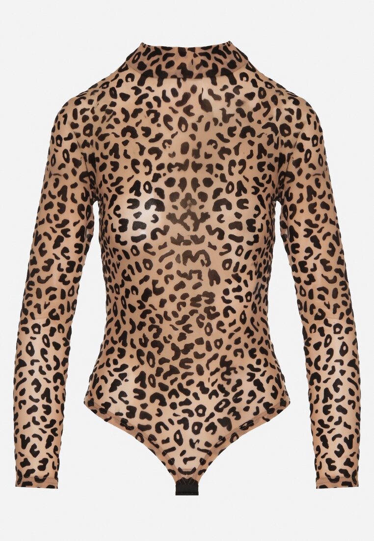 Beżowe Body w Panterkę z Domieszką Wiskozy z Długim Rękawem i Stójką Eclana