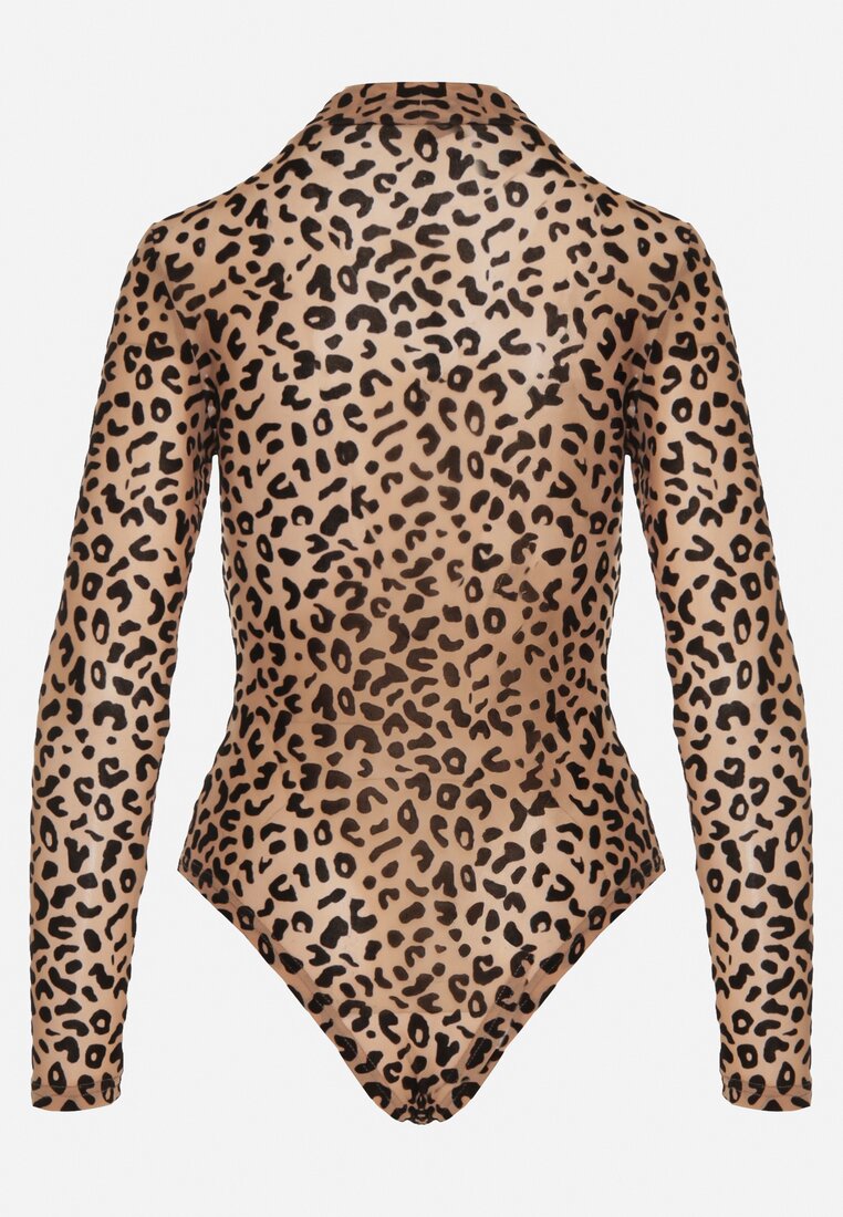 Beżowe Body w Panterkę z Domieszką Wiskozy z Długim Rękawem i Stójką Eclana
