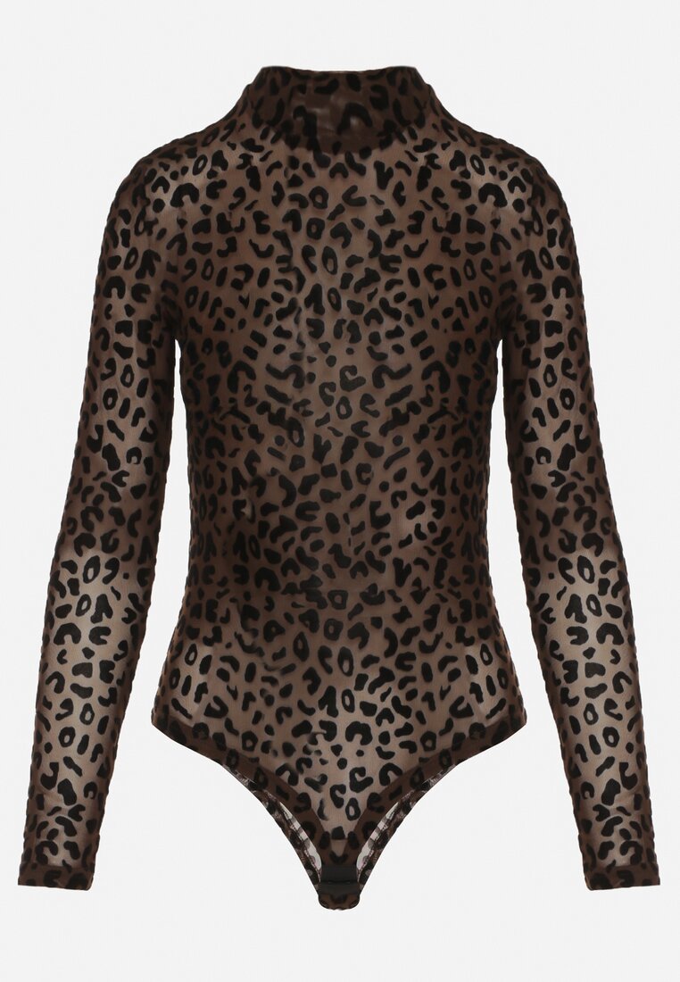 Brązowe Body w Panterkę z Domieszką Wiskozy z Długim Rękawem i Stójką Eclana