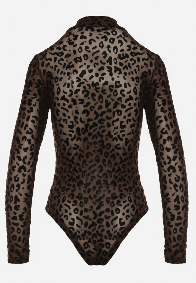 Brązowe Body w Panterkę z Domieszką Wiskozy z Długim Rękawem i Stójką Eclana