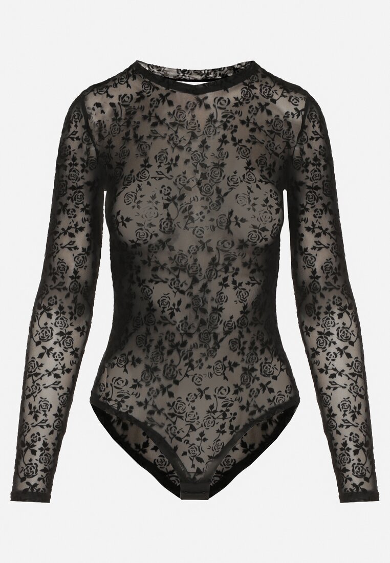Czarne Body z Dodatkiem Wiskozy z Długim Rękawem i Welurowym Wzorem w Kwiaty Eclena