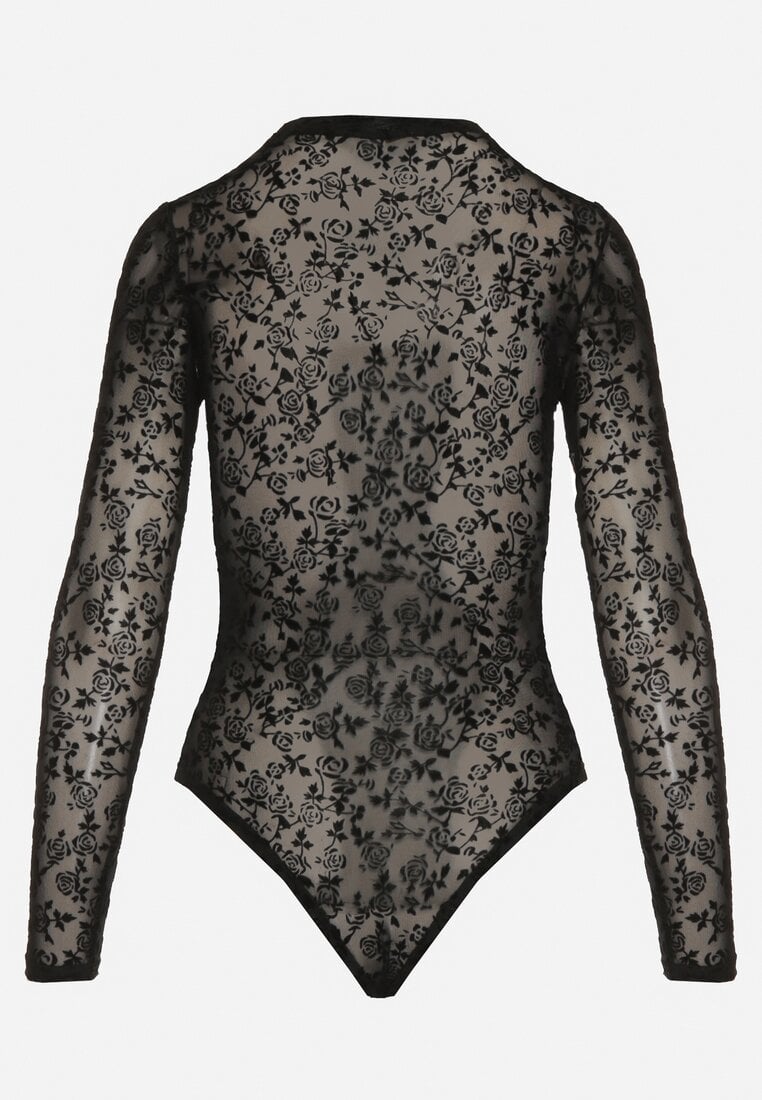 Czarne Body z Dodatkiem Wiskozy z Długim Rękawem i Welurowym Wzorem w Kwiaty Eclena