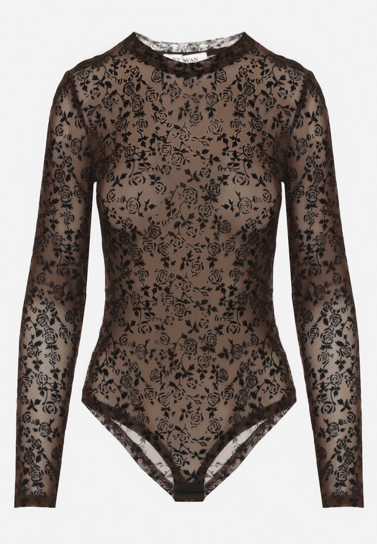 Brązowe Body z Dodatkiem Wiskozy z Długim Rękawem i Welurowym Wzorem w Kwiaty Eclena