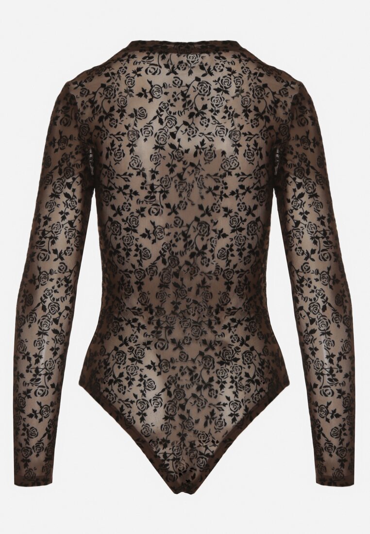 Brązowe Body z Dodatkiem Wiskozy z Długim Rękawem i Welurowym Wzorem w Kwiaty Eclena