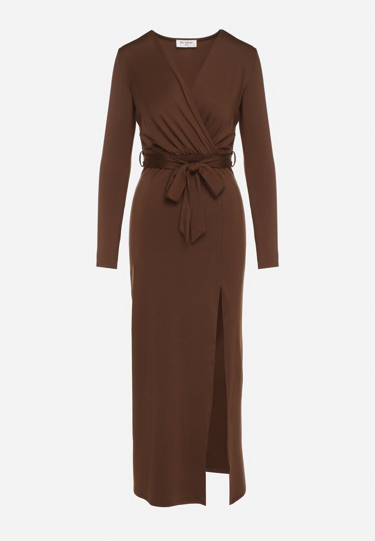 Brązowa Sukienka Kopertowa z Wiskozą Zdobiona Rozcięciem i Wiązanym Paskiem Teslea