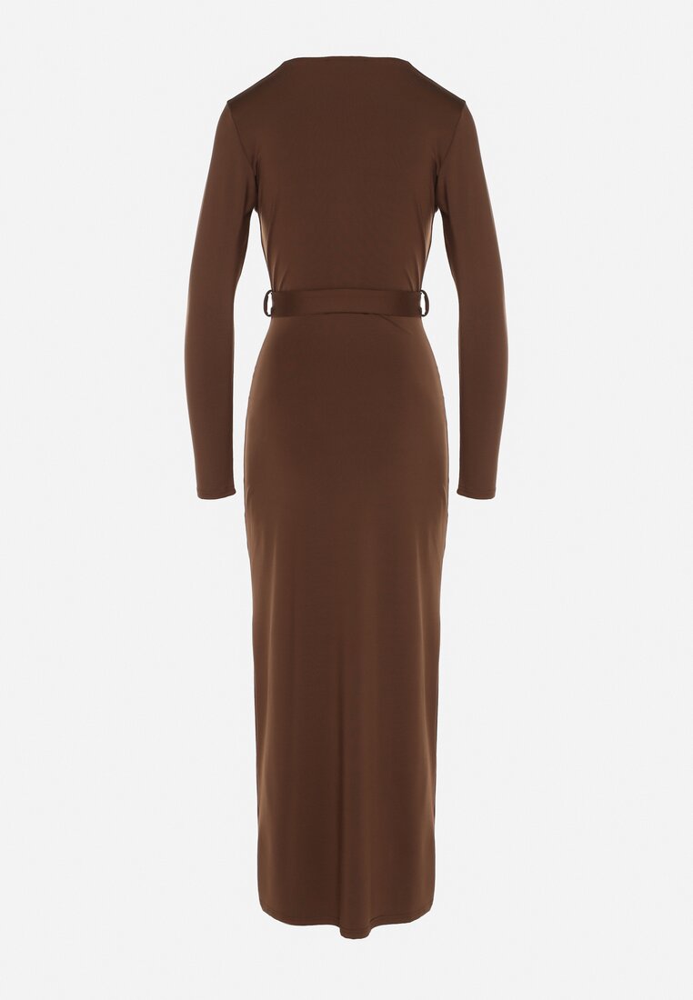 Brązowa Sukienka Kopertowa z Wiskozą Zdobiona Rozcięciem i Wiązanym Paskiem Teslea