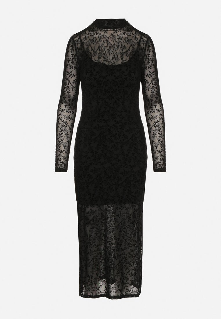 Czarna Dopasowana Sukienka Koktajlowa z Wiskozą z Welurowym Wzorem Kwiatów Alerre