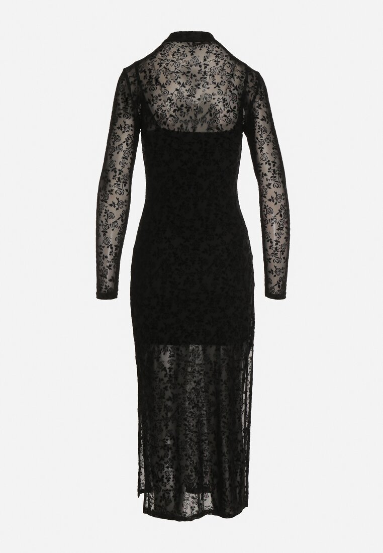 Czarna Dopasowana Sukienka Koktajlowa z Wiskozą z Welurowym Wzorem Kwiatów Alerre