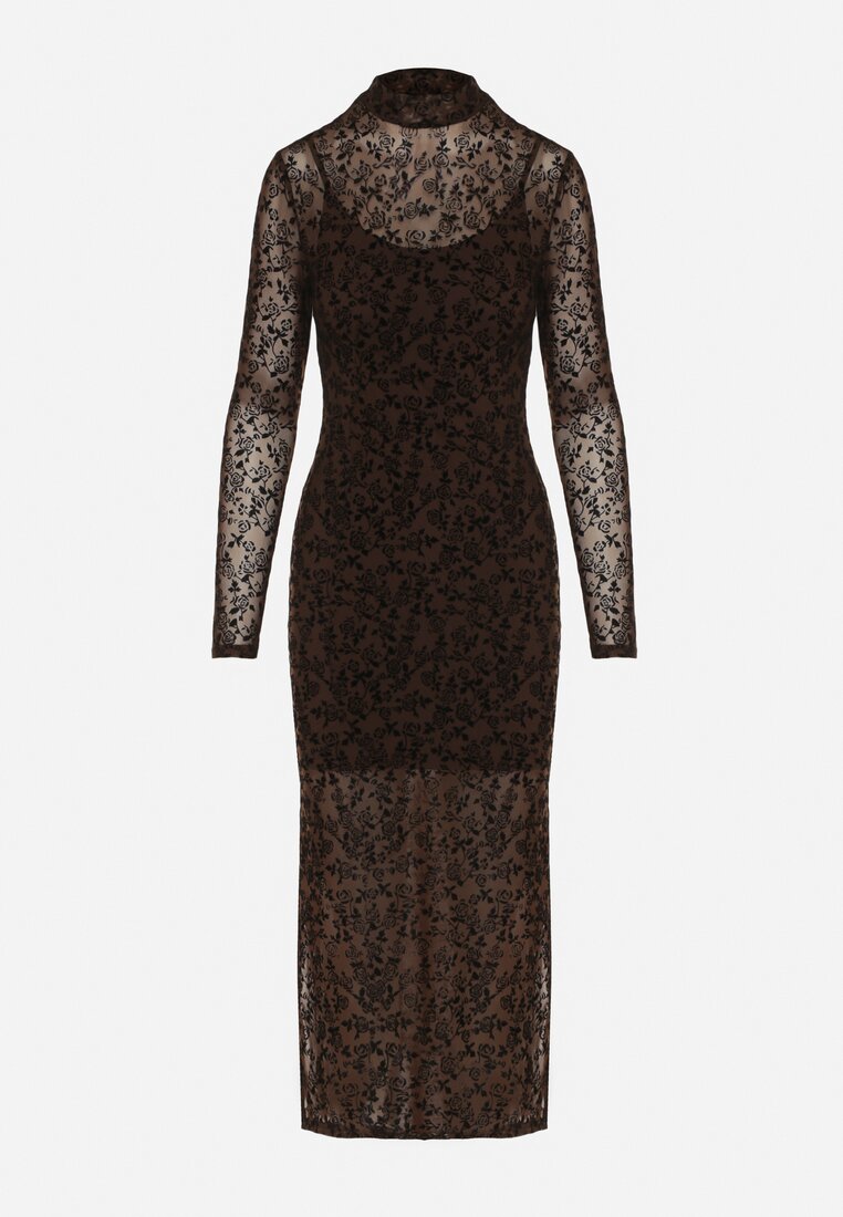 Brązowa Dopasowana Sukienka Koktajlowa z Wiskozą z Welurowym Wzorem Kwiatów Alerre