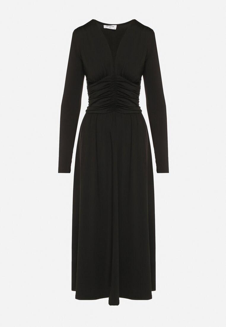 Czarna Marszczona Sukienka Taliowana z Wiskozą z Dekoltem V i Długim Rękawem Emirie