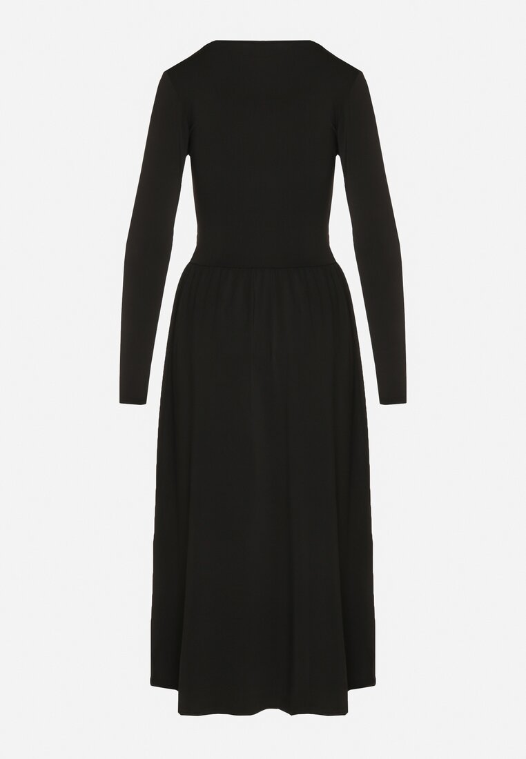 Czarna Marszczona Sukienka Taliowana z Wiskozą z Dekoltem V i Długim Rękawem Emirie