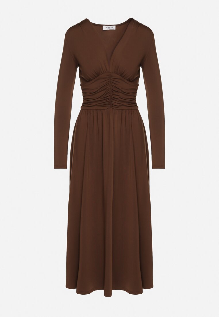 Brązowa Marszczona Sukienka Taliowana z Wiskozą z Dekoltem V i Długim Rękawem Emirie