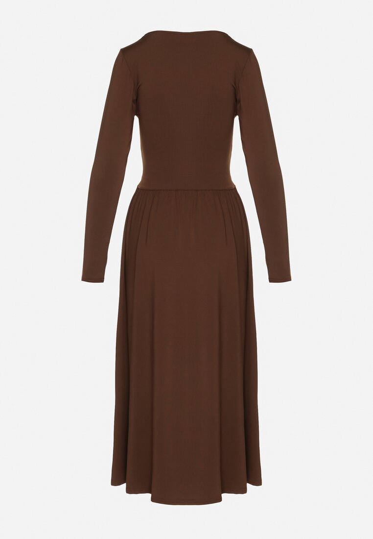 Brązowa Marszczona Sukienka Taliowana z Wiskozą z Dekoltem V i Długim Rękawem Emirie