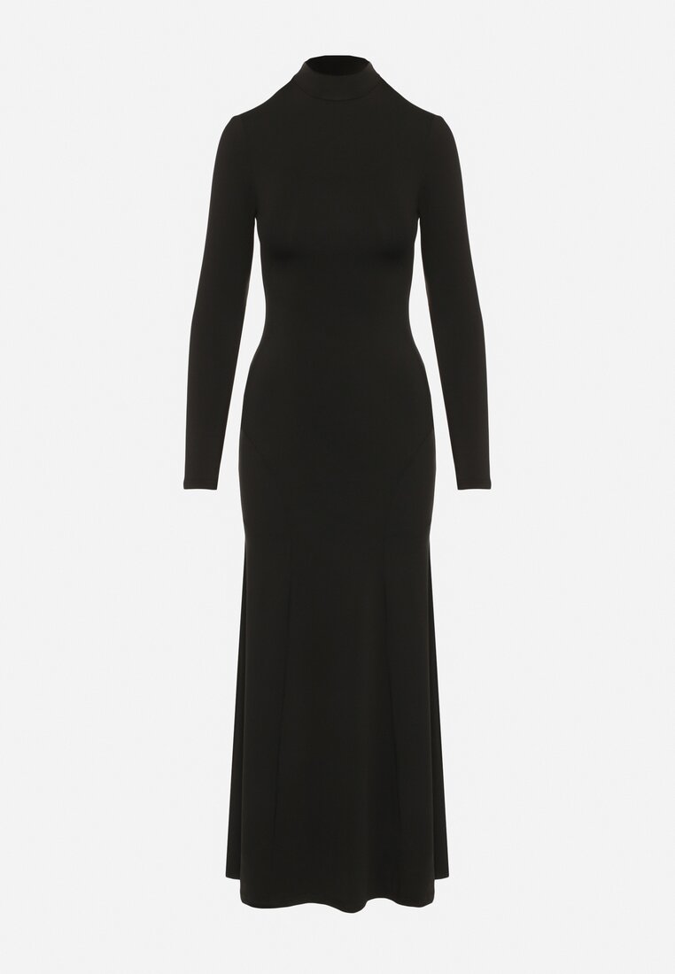 Czarna Taliowana Sukienka Koktajlowa z Wiskozą i Półgolfem Zozelira