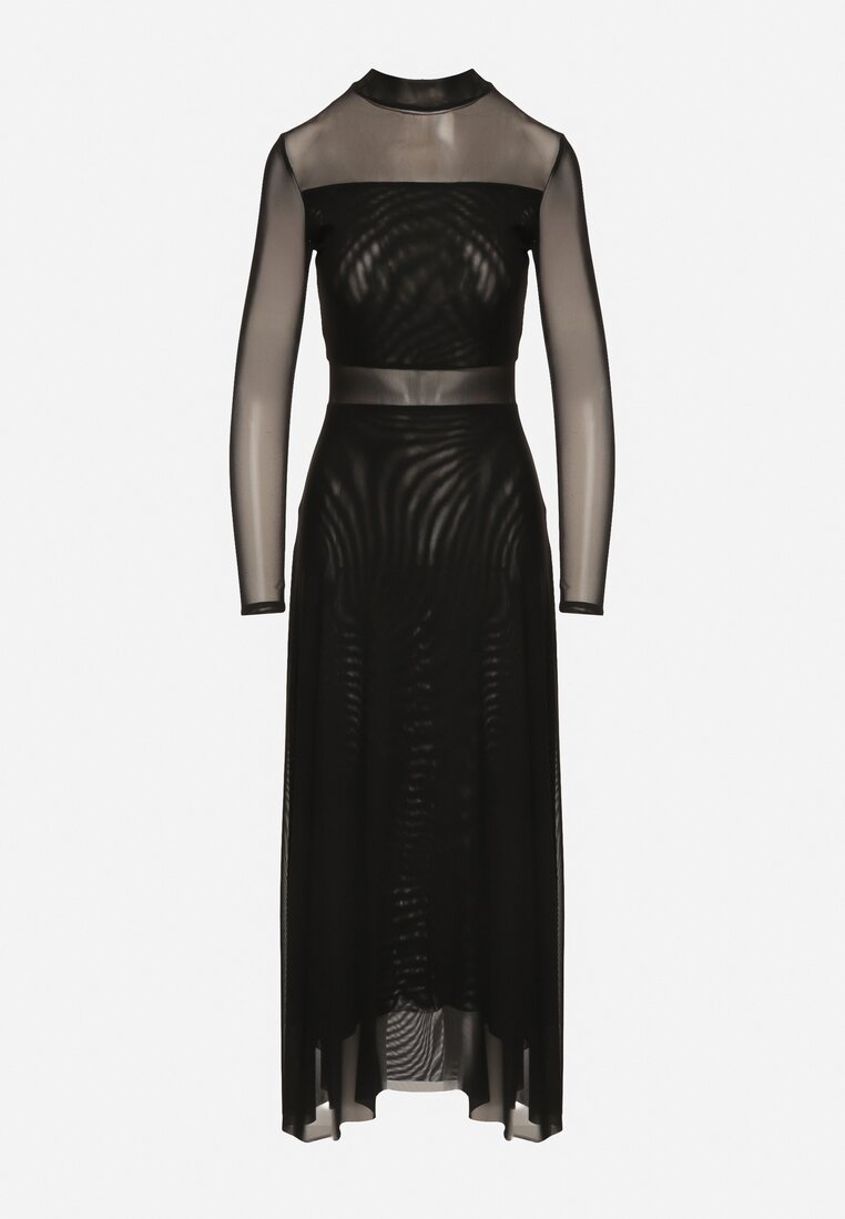 Czarna Siateczkowa Sukienka Rozkloszowana Longsleeve z Domieszką Wiskozy Eprela