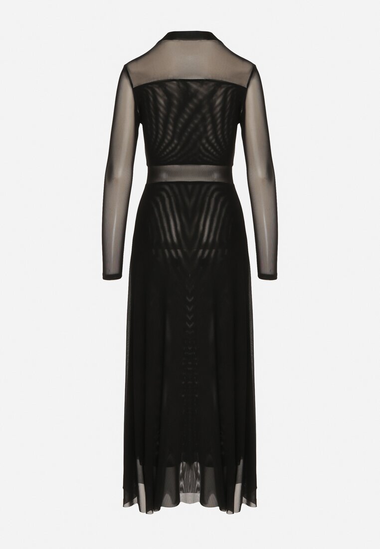 Czarna Siateczkowa Sukienka Rozkloszowana Longsleeve z Domieszką Wiskozy Eprela