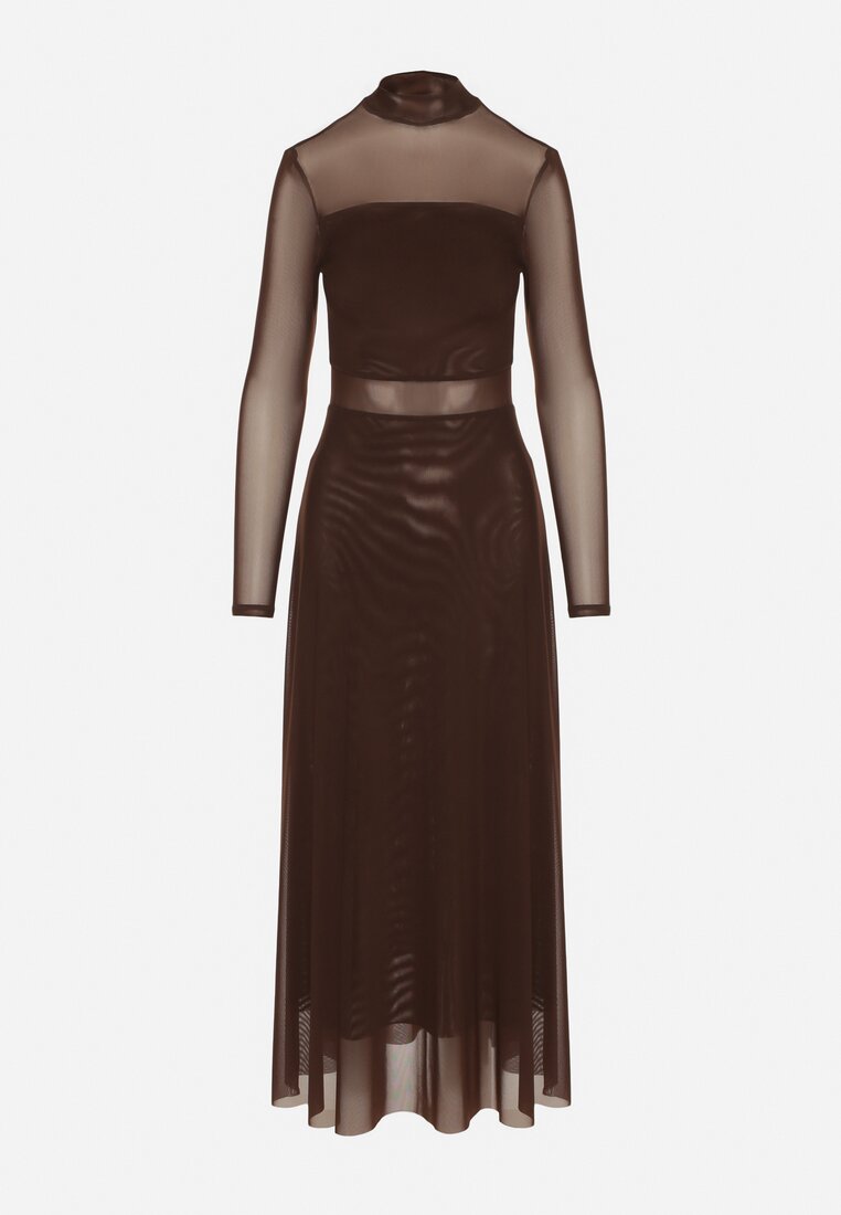 Brązowa Siateczkowa Sukienka Rozkloszowana Longsleeve z Domieszką Wiskozy Eprela