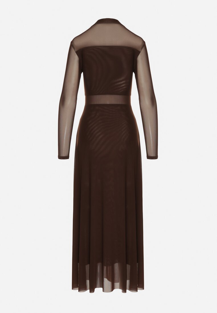 Brązowa Siateczkowa Sukienka Rozkloszowana Longsleeve z Domieszką Wiskozy Eprela