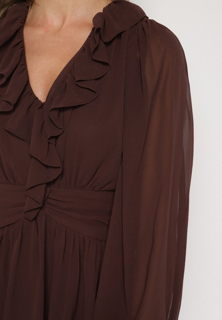 Ciemnobrązowa Rozkloszowana Sukienka z Falbankami i Siateczkowymi Rękawami Zennisa