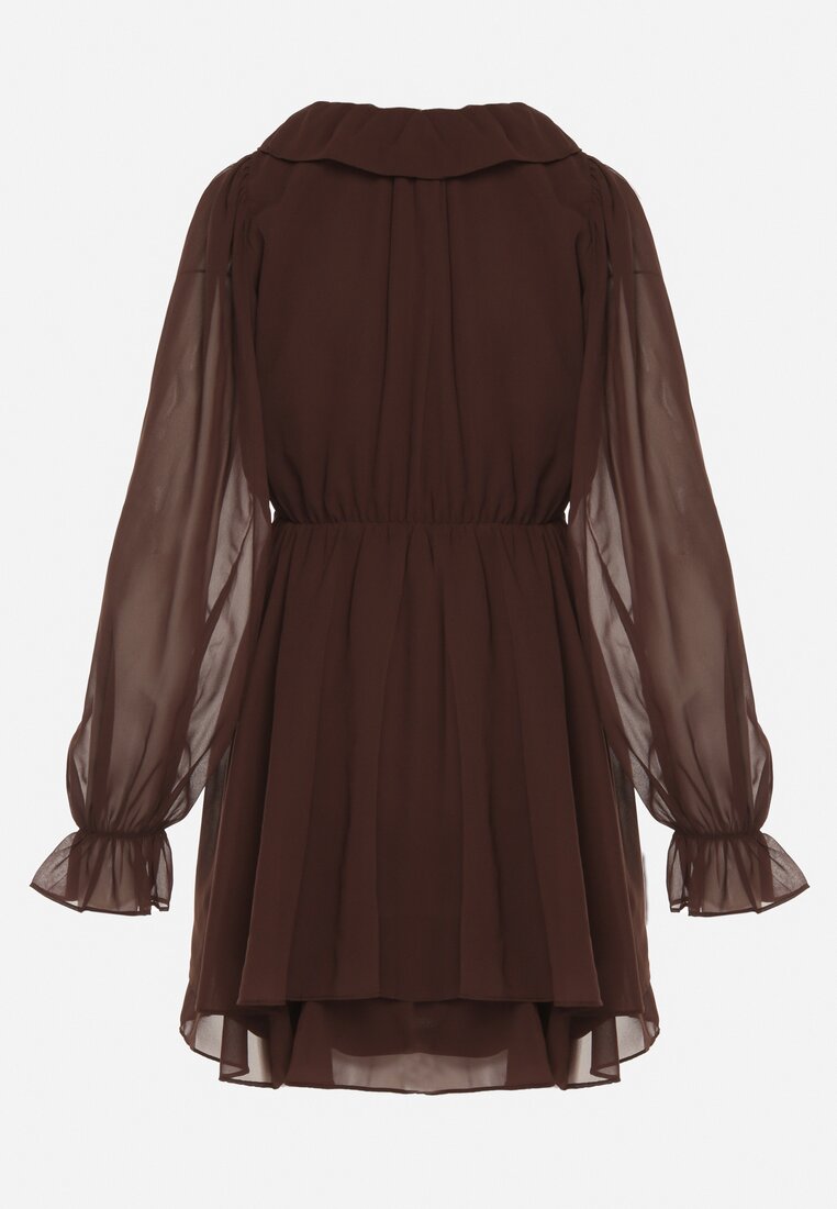 Ciemnobrązowa Rozkloszowana Sukienka z Falbankami i Siateczkowymi Rękawami Zennisa