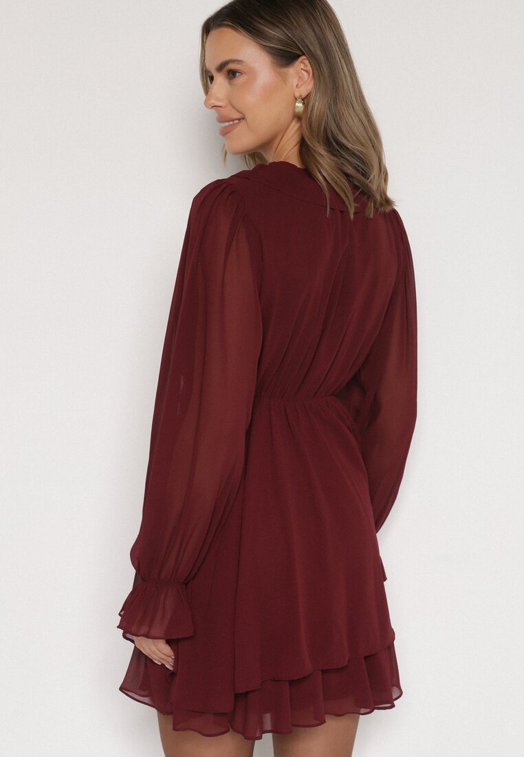 Bordowa Rozkloszowana Sukienka z Falbankami i Siateczkowymi Rękawami Zennisa