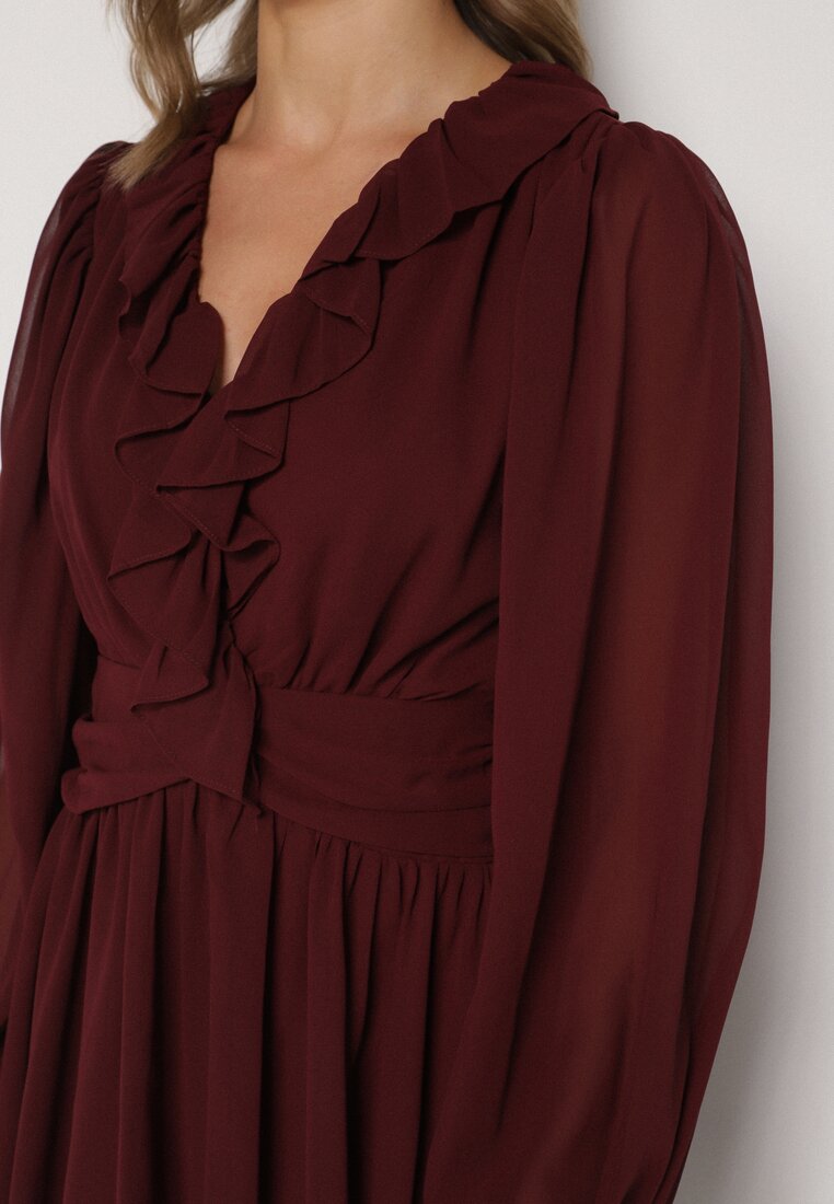 Bordowa Rozkloszowana Sukienka z Falbankami i Siateczkowymi Rękawami Zennisa
