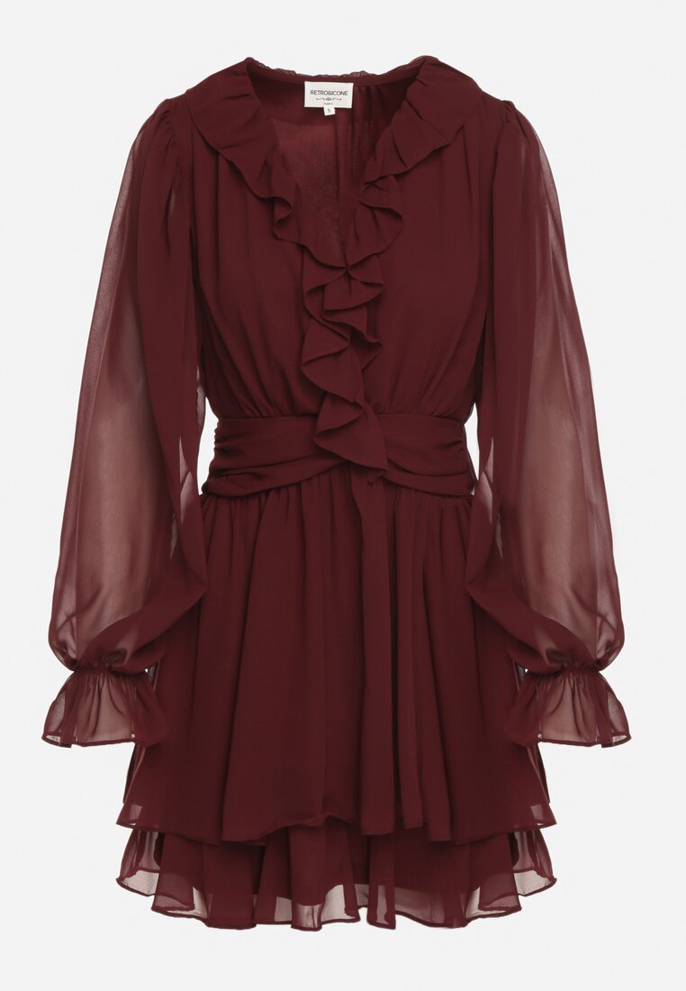 Bordowa Rozkloszowana Sukienka z Falbankami i Siateczkowymi Rękawami Zennisa