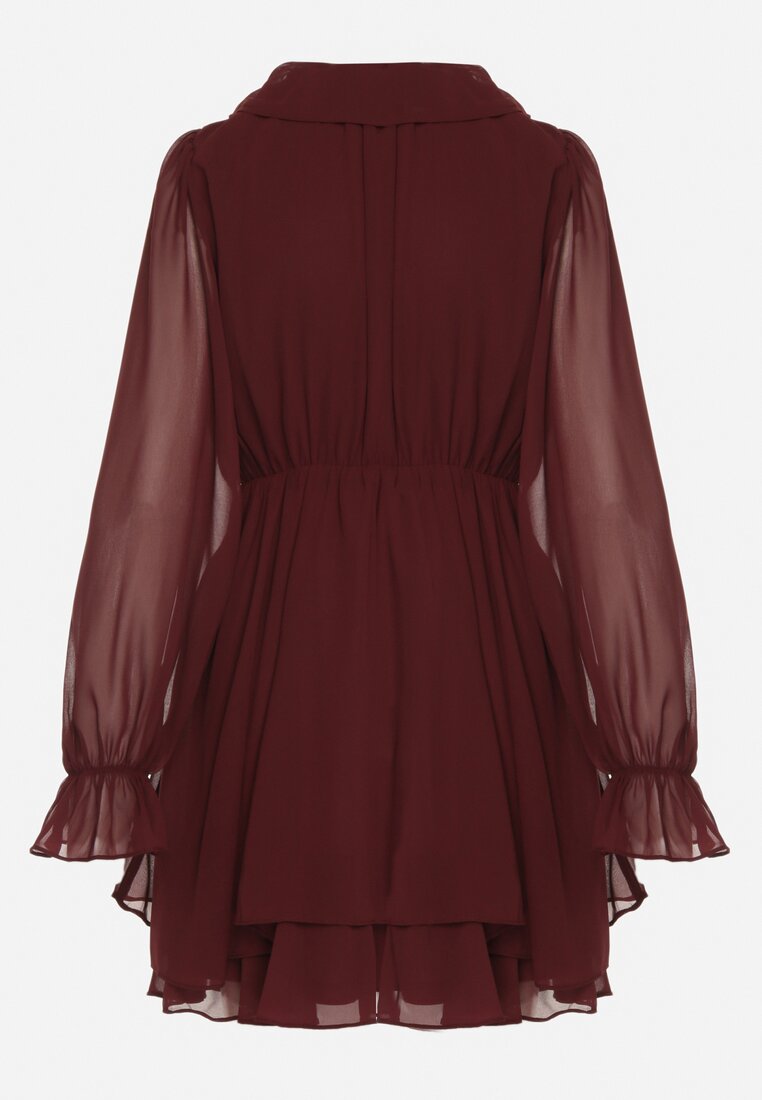 Bordowa Rozkloszowana Sukienka z Falbankami i Siateczkowymi Rękawami Zennisa