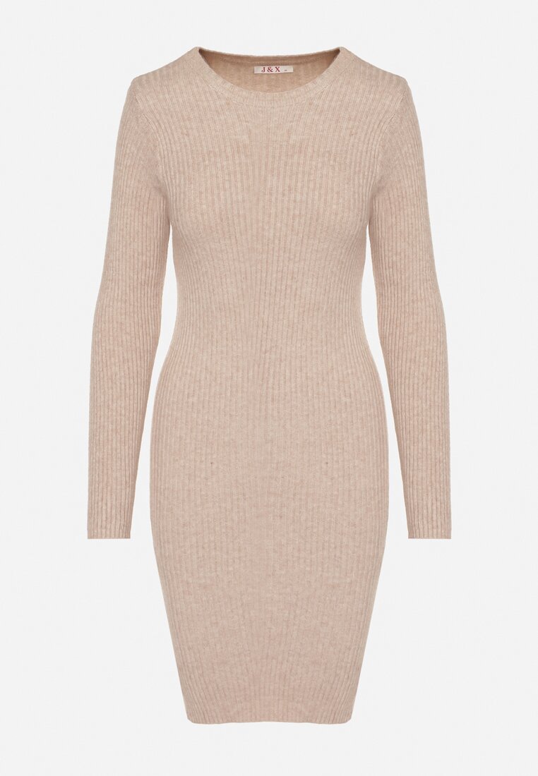 Beżowa Dopasowana Sukienka z Prążkowanej Dzianiny z Bawełną Tesmera