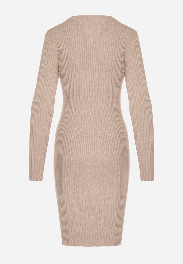 Beżowa Dopasowana Sukienka z Prążkowanej Dzianiny z Bawełną Tesmera