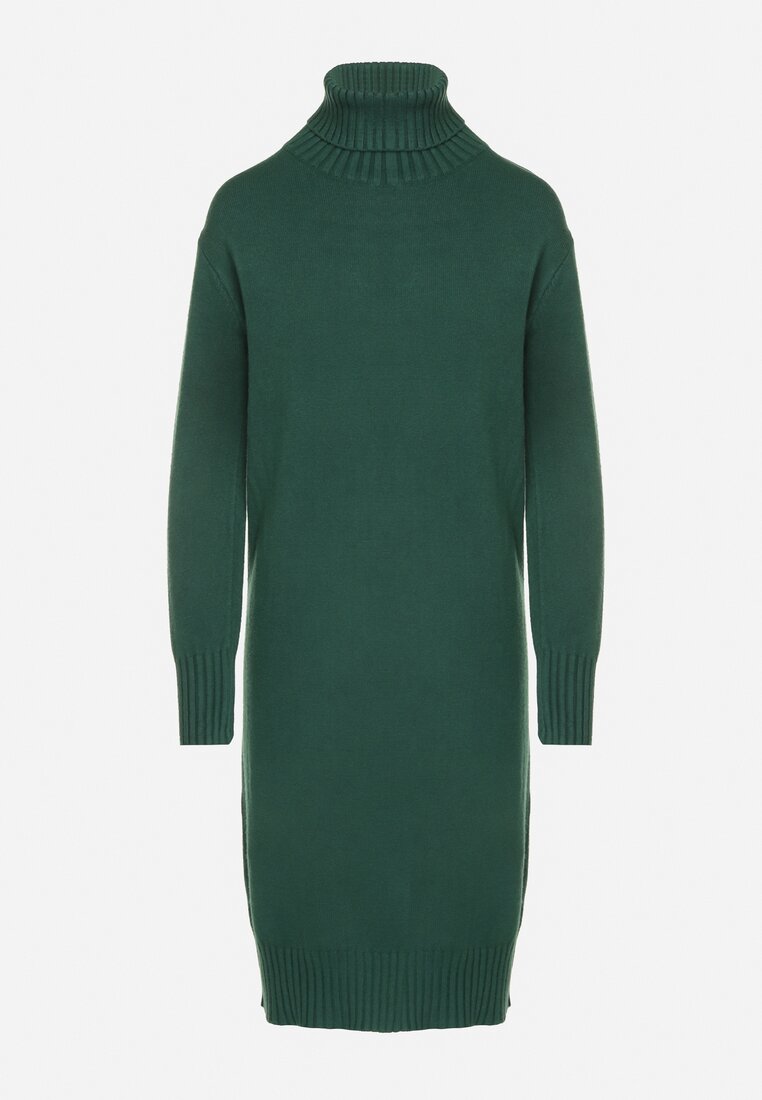Zielona Dzianinowa Sukienka z Bawełną o Prostym Kroju z Golfem Tesala