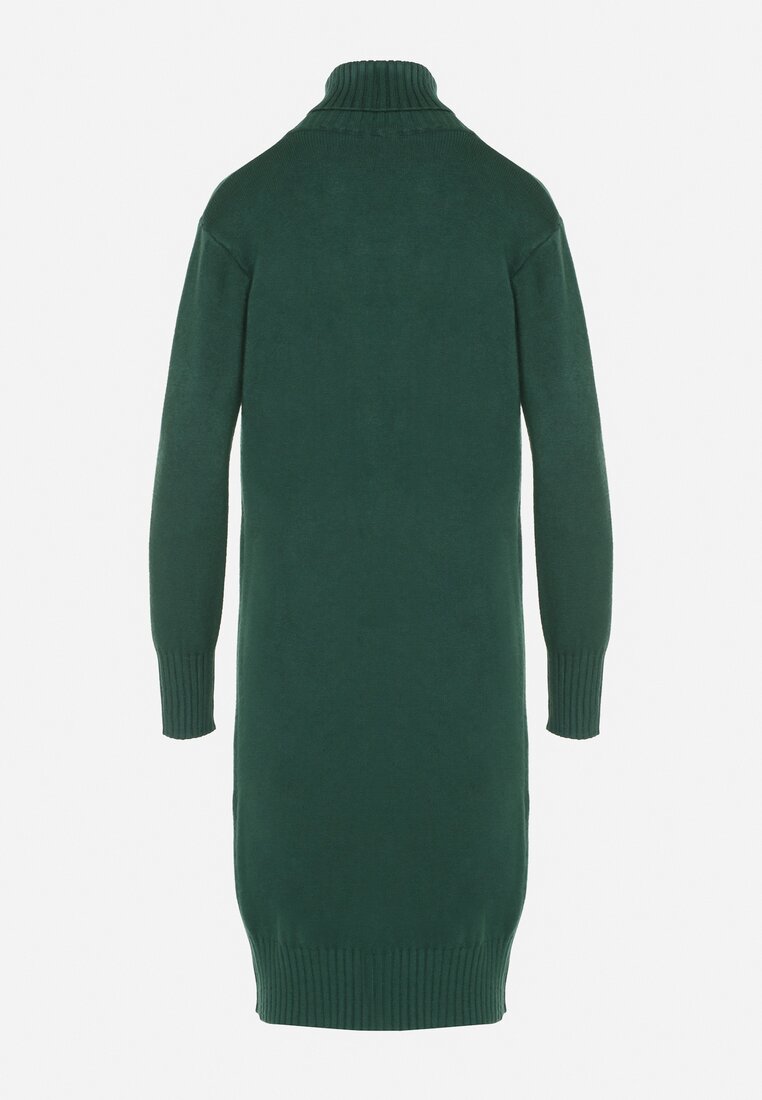 Zielona Dzianinowa Sukienka z Bawełną o Prostym Kroju z Golfem Tesala