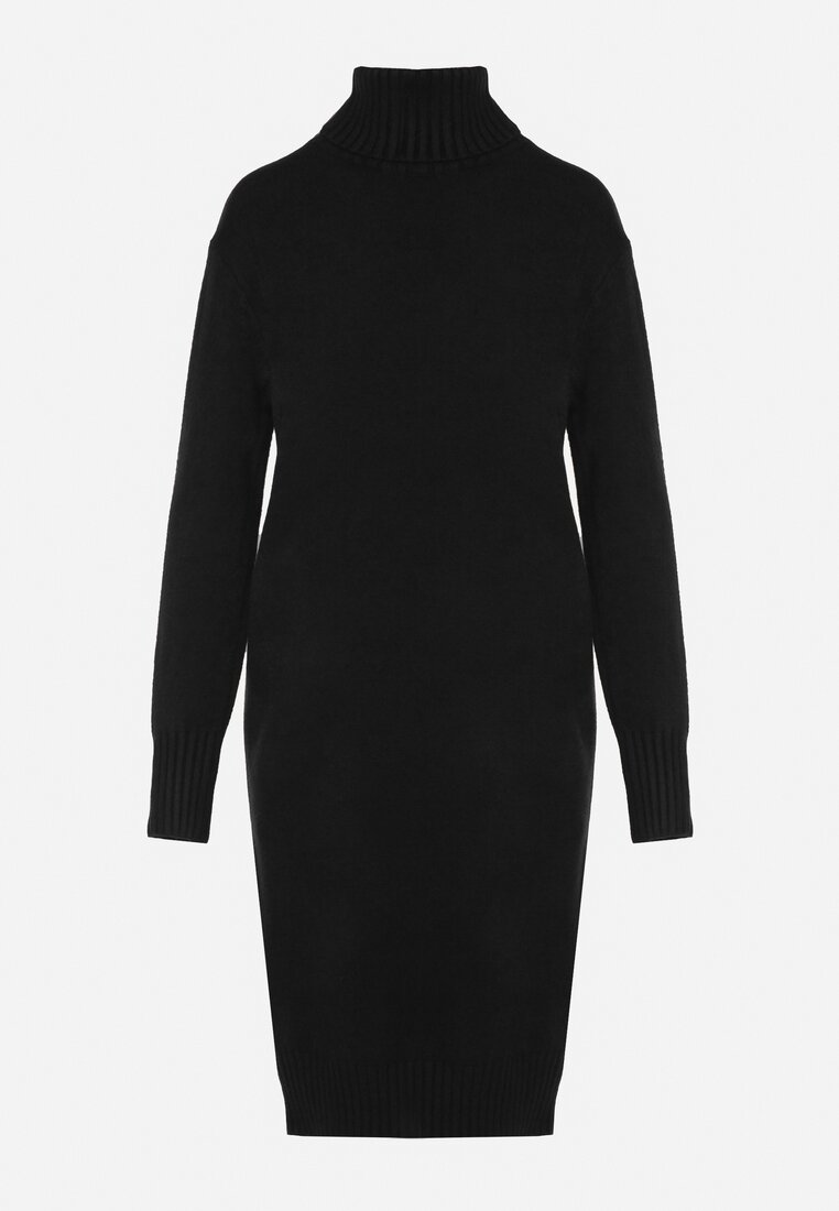Czarna Dzianinowa Sukienka z Bawełną o Prostym Kroju z Golfem Tesala