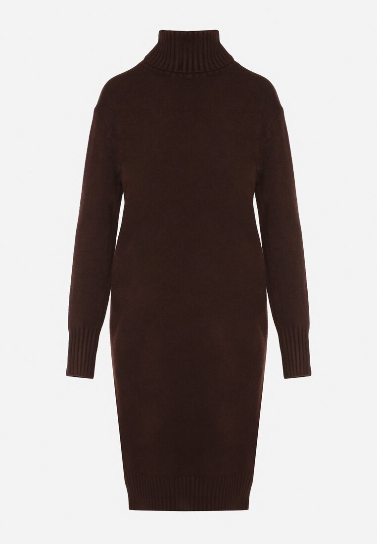 Brązowa Dzianinowa Sukienka z Bawełną o Prostym Kroju z Golfem Tesala