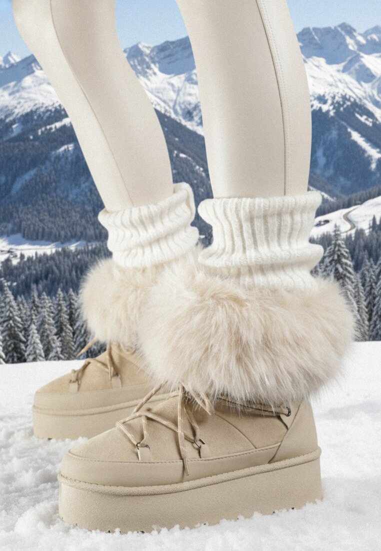 Beżowe Śniegowce na Grubej Podeszwie z Futerkiem Tesila