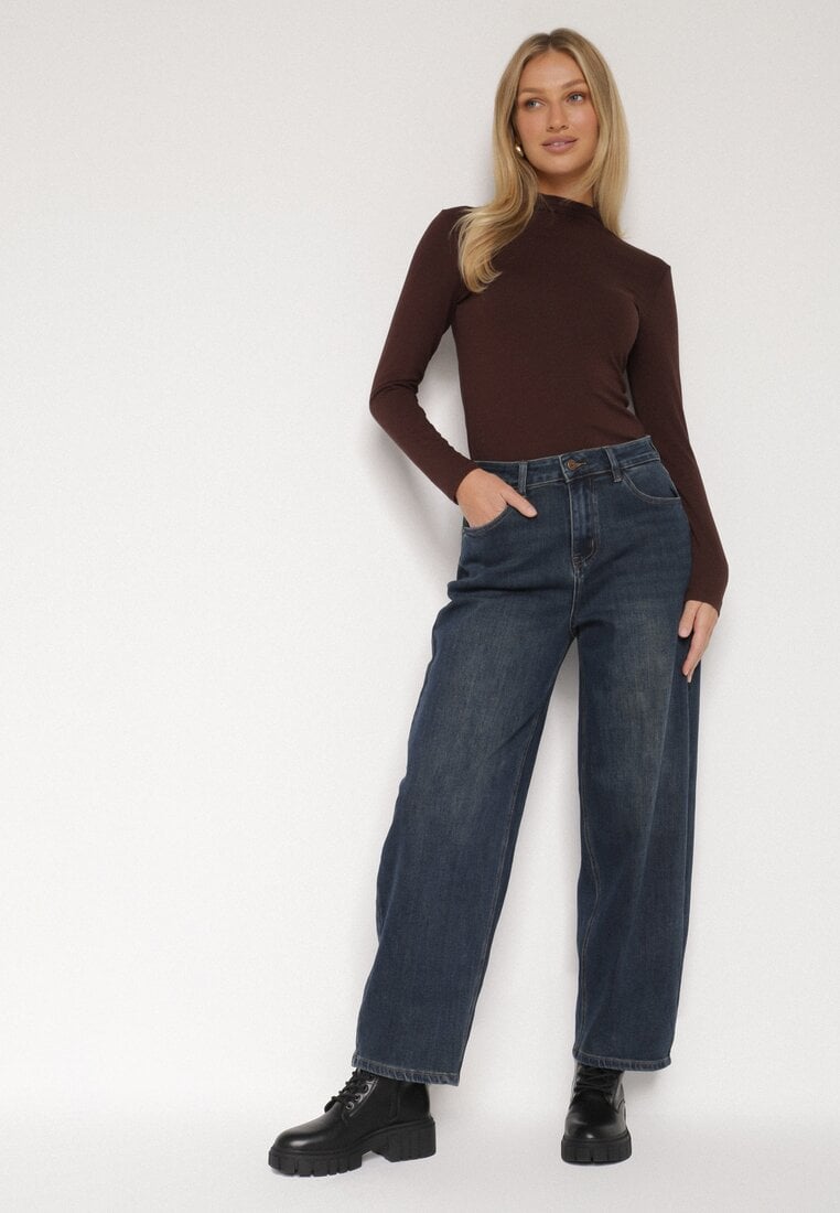 Niebieskie Szerokie Jeansy Mom Fit z Wysokim Stanem Delennia
