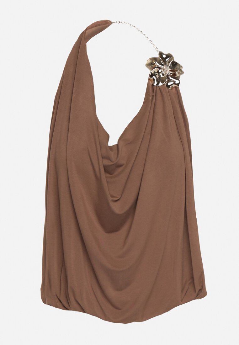 Brązowy Elegancki Top Halter Ozdobiony Łańcuszkiem i Kwiatową Broszką Idisara
