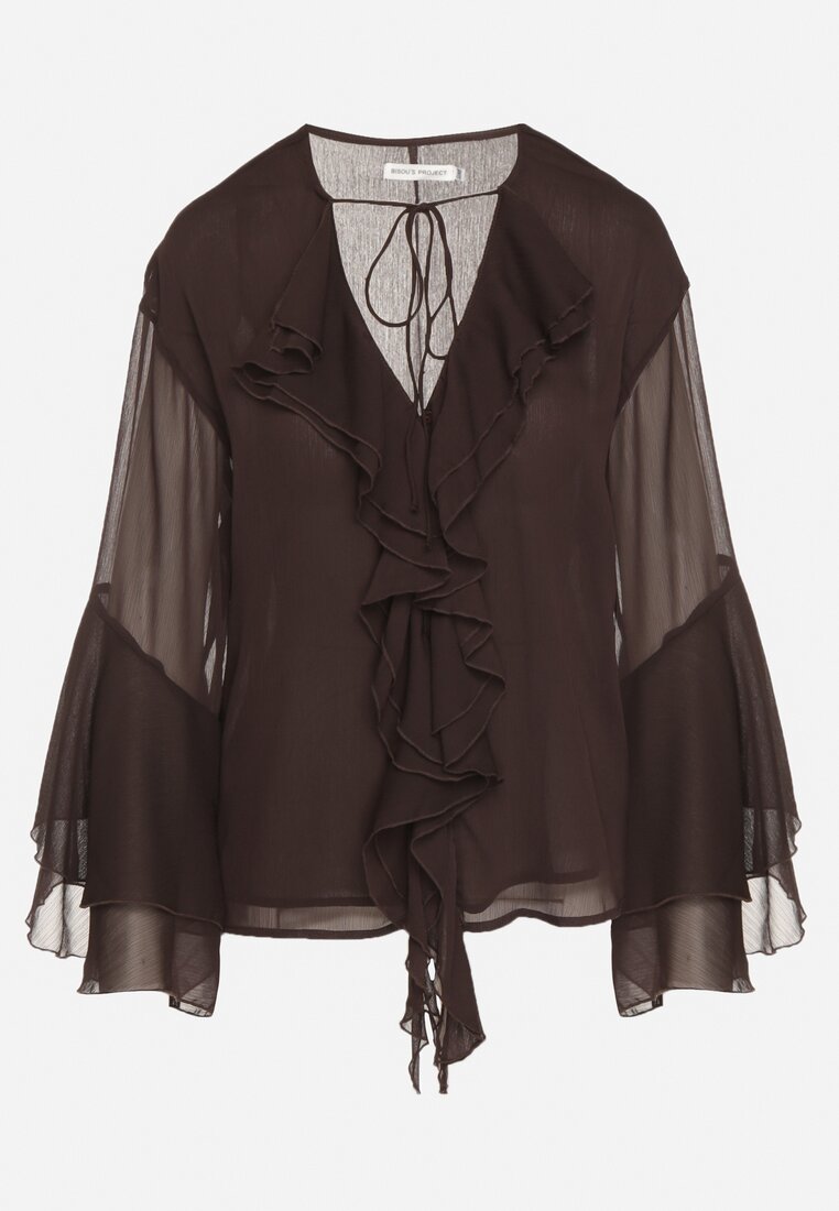 Brązowa Bluzka w Rustykalnym Stylu z Wiązaniem i Falbankami Nenarea