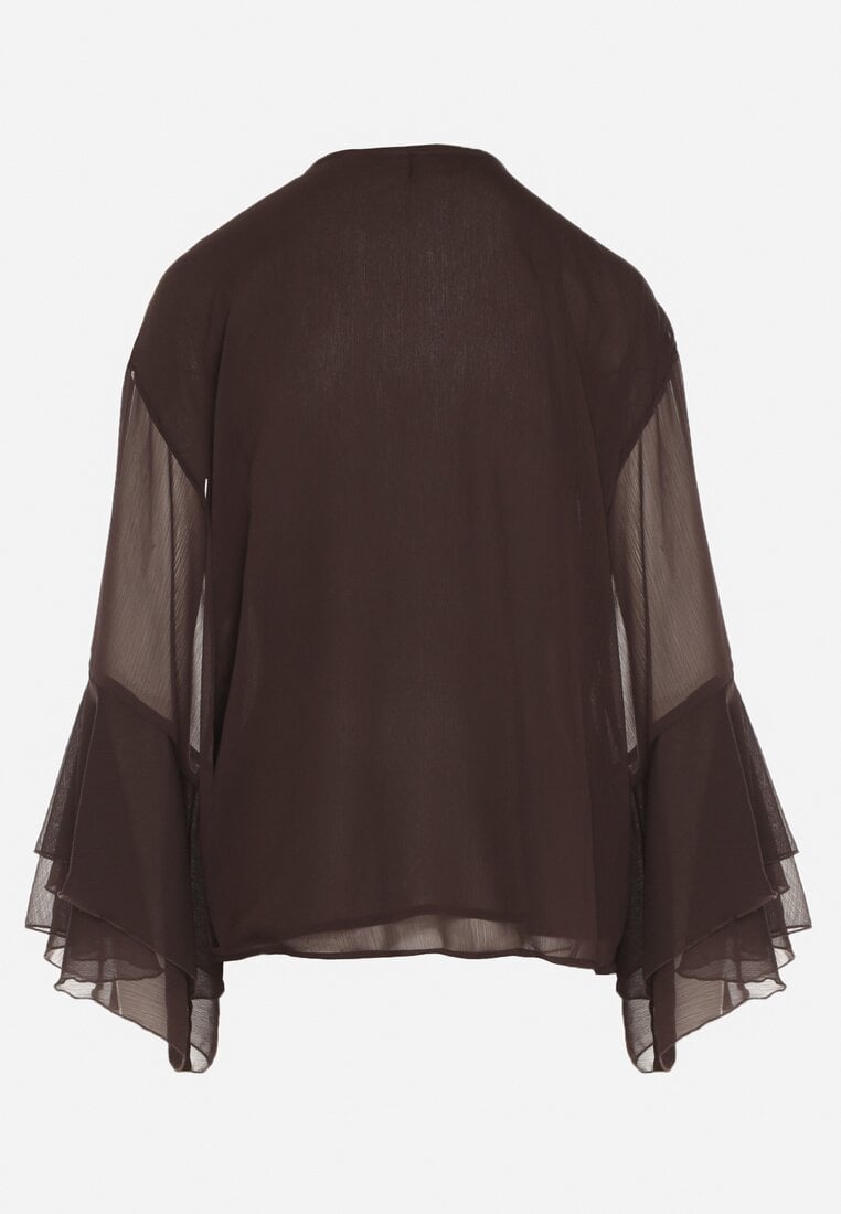 Brązowa Bluzka w Rustykalnym Stylu z Wiązaniem i Falbankami Nenarea